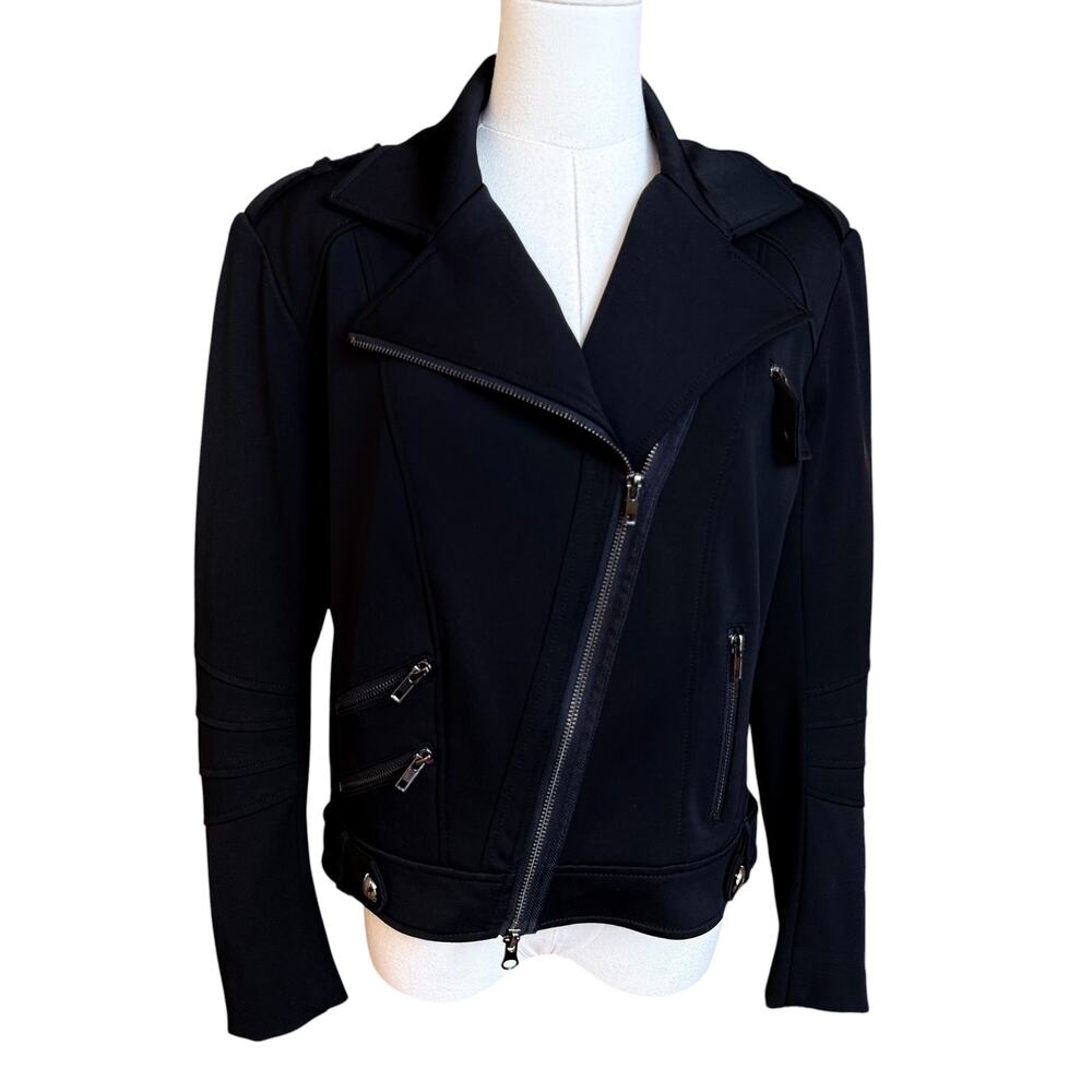Cache Black Moto Jacket Large Stretch Knit Asymmetrical Zip Biker Lightweight
